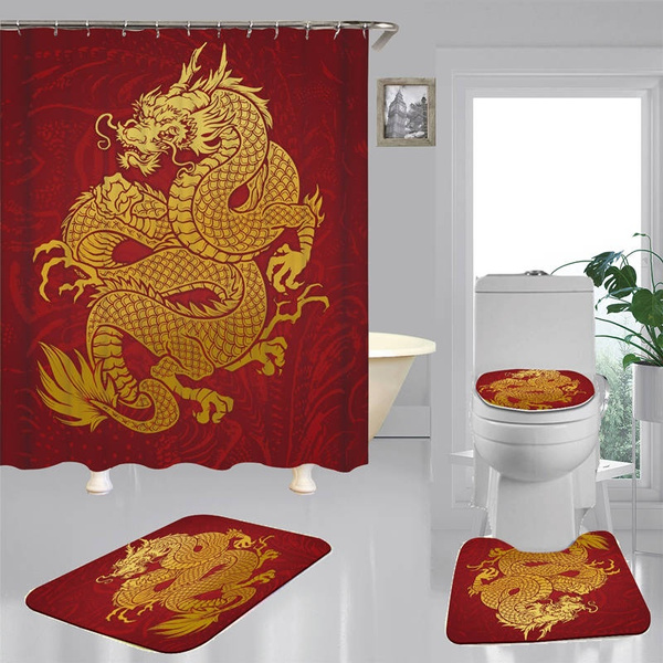 Oriental Gold Dragon Shower Curtain Bath Mat Toilet Cover Rug Bathroom Decor 