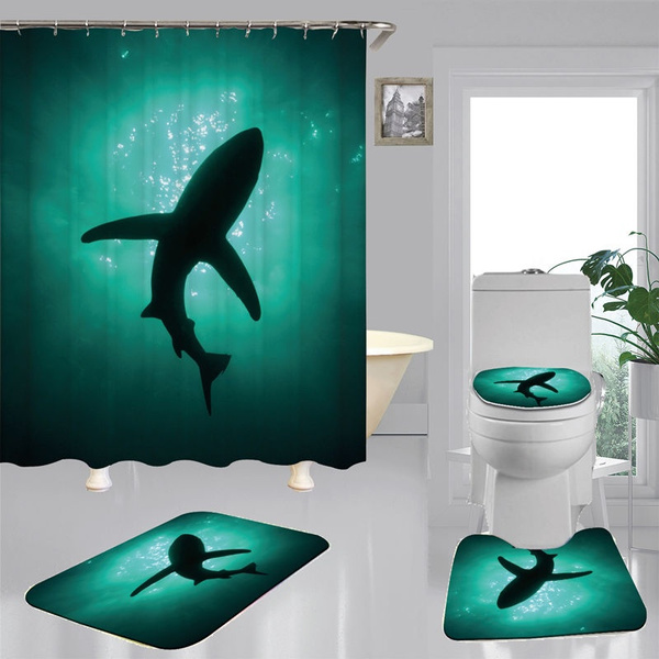 Big Shark Shower Curtain Bath Mat Toilet Cover Rug Blue Sea Bathroom Decor Set 