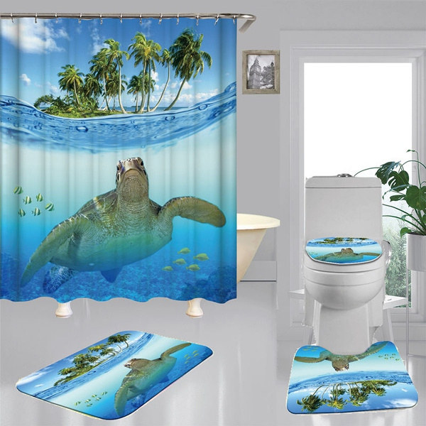 Sea island Palm Tree Shower Curtain Bath Mat Toilet Cover Rug Bathroom Decor Set 