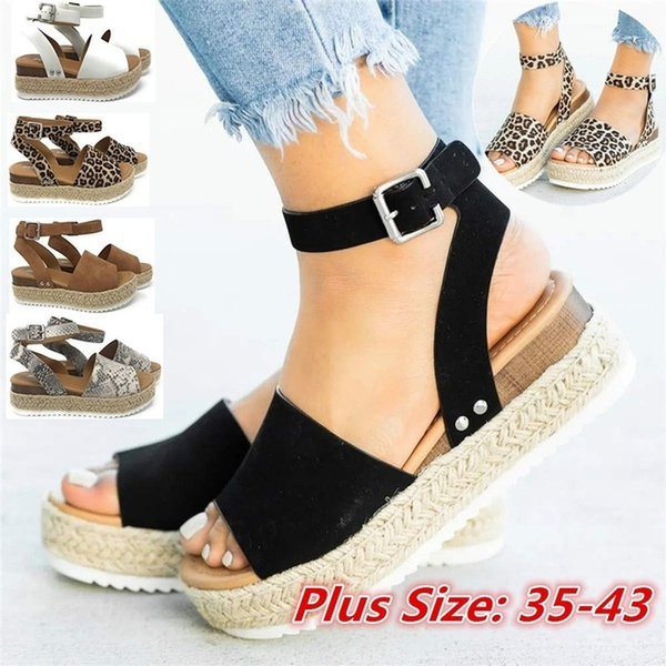 Womens Casual Espadrilles Trim Rubber Sole Flatform Studded Wedge Buckle Ankle Strap Open Toe Sandals 