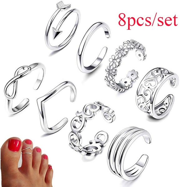 LOYALLOOK 8Pcs Toe Rings for Women Adjustable Toe Ring Set CZ Flower Silver Gold Toe Rings 