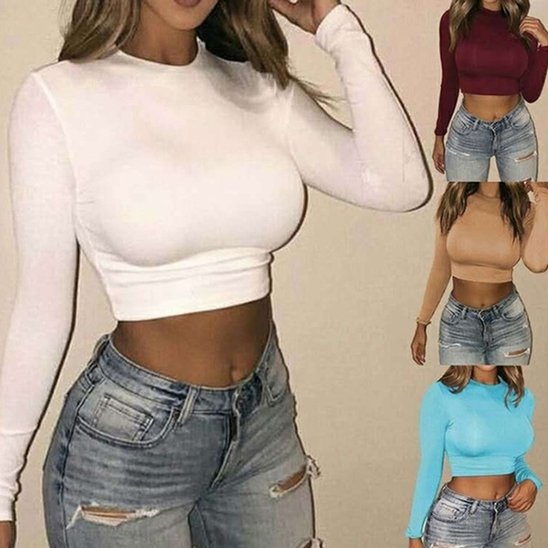 Women Casual Round Neck Bottoming Long Sleeve Sexy Ladies Crop Tops 6  Colors(Small)