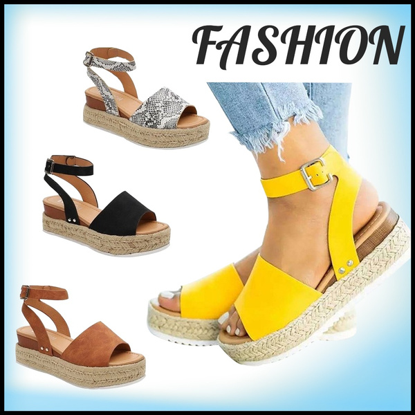 Casual Trim Rubber Sole Flatform Studded Wedge Buckle Ankle Strap Sandals Womens Open Toe Ankle Strap Espadrille Sandal 