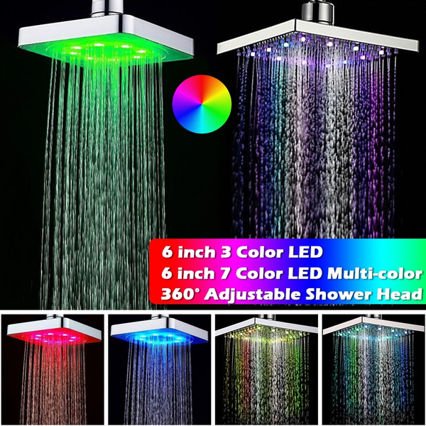 3 7 Color Changing Extra Large 6 Inch Led Light Square Rain Shower Head Stainless Steel Bathroom Chrome Face Wish - What Color Led Light For Bathroom