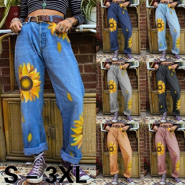 Women Casual Loose Sunflower Print Jeans Denim Trousers Denim Long