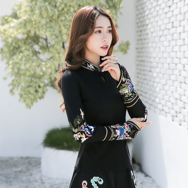 Lady Chinese Floral Embroidery Shirts Blouse Tops Mandarin Collar Ethnic Vintage