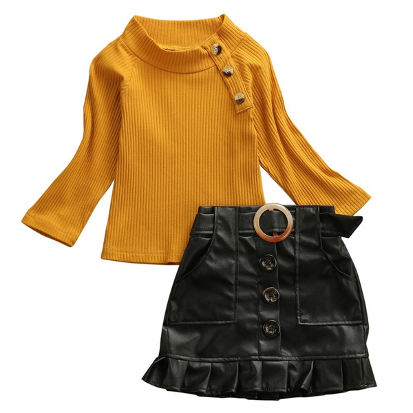 Toddler Girl Clothes Long Sleeves Knit Top Leather Skirt Set Fall