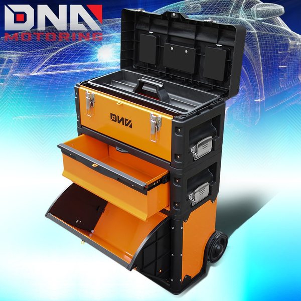 DNA MOTORING Orange/Black 3-Tier Stackable Storage Tool Box Rolling  Extendable Handle Trolley 49cm W X 63.3cm H X 23cm