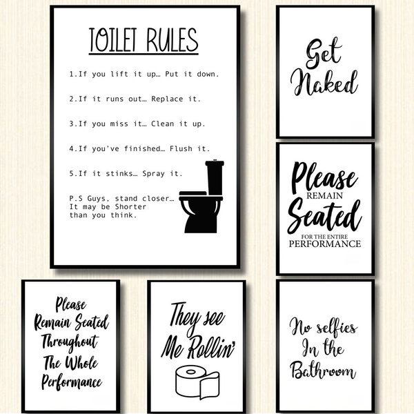 Unframed Wall Art Canvas Painting Funny, Black And White Framed Art For Bathroom