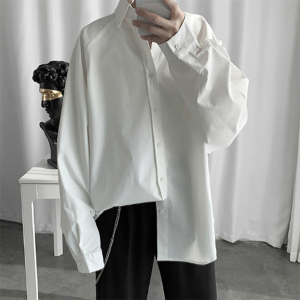 those days Men Ultra-Loose Long Sleeve Shirts Male Solid Fashion Casual Punk Gothic Style Shirt Black White