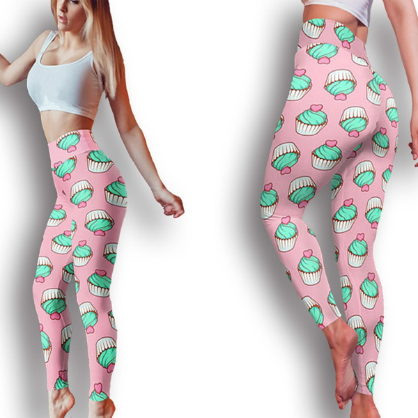 New Pink Cup Cake Pattern Digital Printing Casual Style Spring Summer  Leggings Fashion Polyester High Waist Breathable Leggings