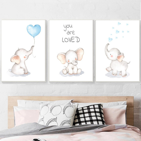 Lovely Cartoon Elephant Poster Nordic Canvas Print Baby Kids Bedroom Decoration 