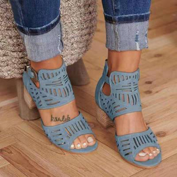 Vintage Hollow Out Sandals Mid Heel 