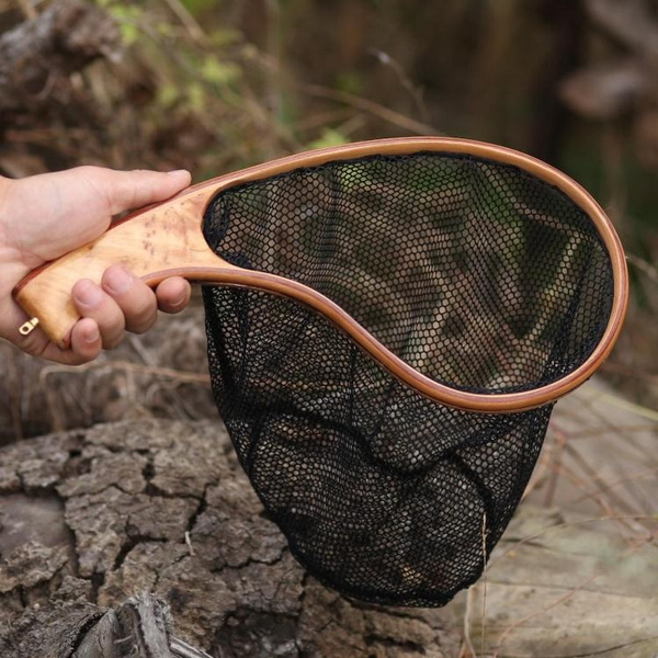 Solid Wood Stream Fly Fishing Net Curved Hanging Rubber Design Fly