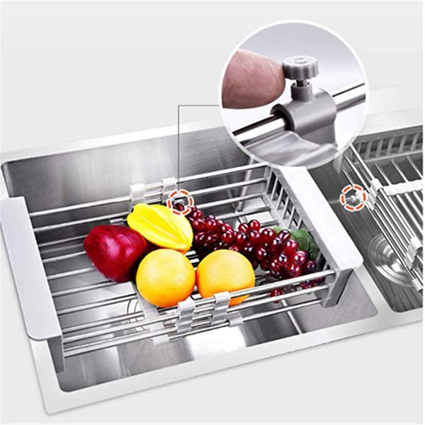 1PC Stainless Steel Adjustable Telescopic Kitchen Over Sink Dish Drying Rack  Insert Storage Organizer Fruit Vegetable Tray Drainer