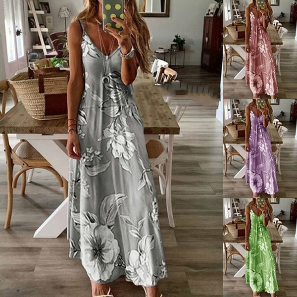 New Summer Women's Sleeveless U-neck Letter Floral Print Dress Big ...
