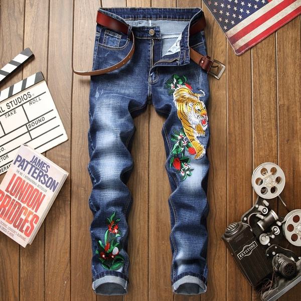 New Jeans Men Blue Cotton 3d Embroidery Ripped Floral New Homme Denim ...