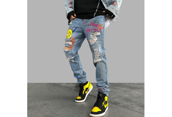 New Skinny Jeans Men Streetwear Destroyed Ripped Jeans Homme Hip Hop Broken  Graffiti Print Pencil Biker Denim Pants Hole GM482