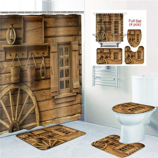 Rustic Wood Anti-Slip Bathroom Carpet Set Toilet Lid Cover Rug Mat Decorative 