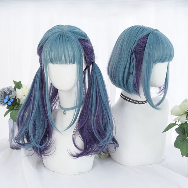 Harajuku Lolita Women Lady Long Short Straight Slight Curly Hair Blue Purple Gradient Ombre Full Wig Cosplay Party Anime Wig