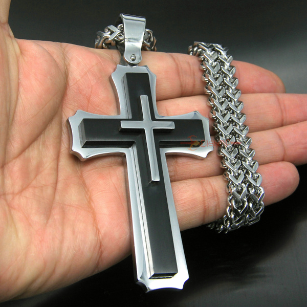 Huge Stainless Cross Men's Necklace Pendant Heavy Large Silver Polished 3 Layer 