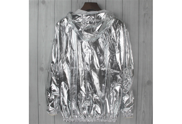 Unisex 80s 90s Metallic Shiny Jacket Hooded Coat Gold Silver Party Fancy Top