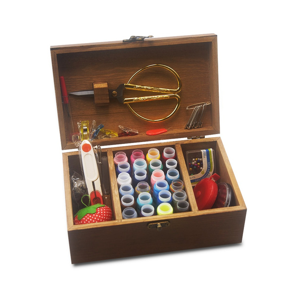 Wooden Sewing Box Organizer with Sewing Kit Accessories, Home Sew Supplies  Set with Complete Needles/Pins/Thread/Scissors/Notions Tools, Vintage Wood Sewing  Basket for Women, Girls, Beginners & Adults