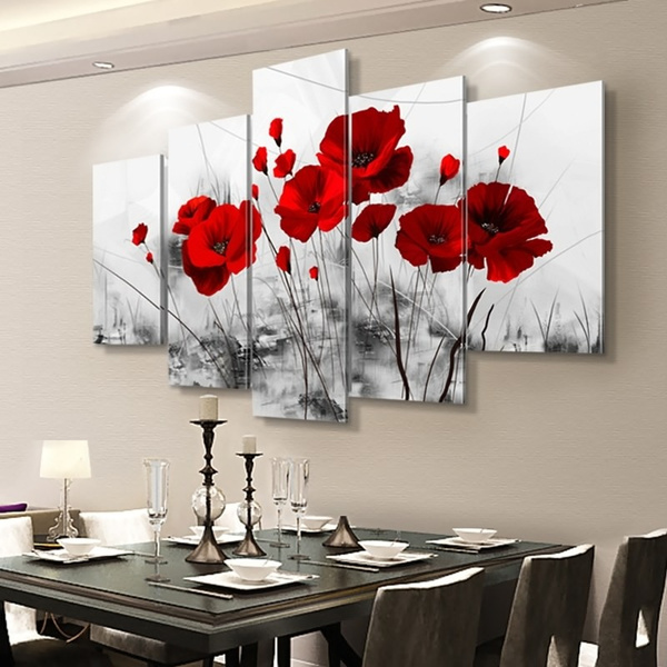 Fashion Wall Art Canvas Painting 5 Pieces Red Poppy Flower Modern Home