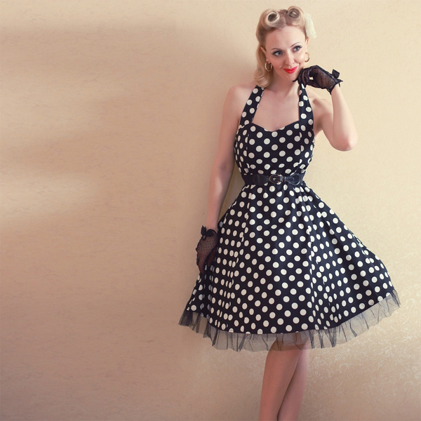 Vintage Halter Polka Dots Homecoming Dress 1950s Swing Cocktail Party Dresses