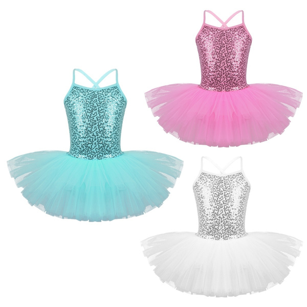 Kids Girls Dance Dress Sequins Shoulder Straps Ballet Tutu Dress ...