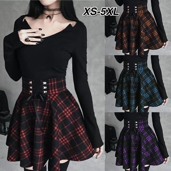 Plus Size XS 5XL Women s Fashion High Waist Scottish Plaid Skirt Lady s Gothic Bandage Pleated Skirt