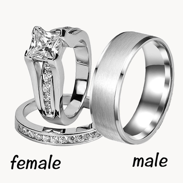 Couple Wedding Ring Sets His and Hers 925 Sterling Silver Men's Stainless Steel 