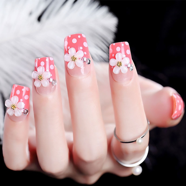 24pcs 3d Flowers False Nails Acrylic Full Cover Rhinestone Fake Nail Tips Women Manicure Tools Wish