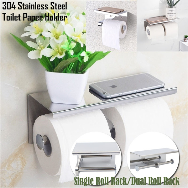 304 Stainless Steel Double Toilet Paper Holder Bathroom Roll Tissue Roller  Holder Wall Storage Shelf Rack