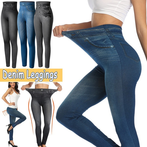 Women Fashion Denim Leggings Tights Thick Stretchy Resistant Pantyhose Jean  Look Pants Elastic