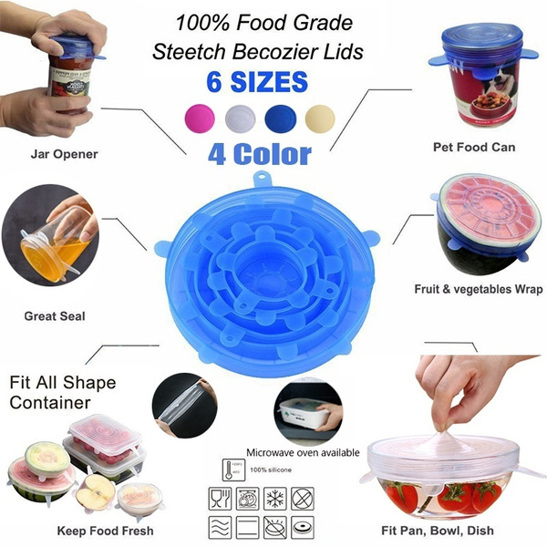 6pcs Reusable Silicone Bowl Stretch Kitchen Keep Food Fresh Lids Wrap Seal Cover 