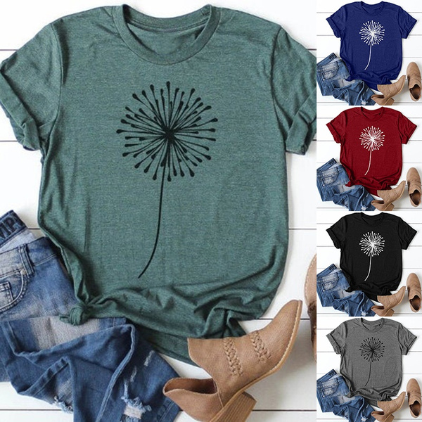 Graphic T Shirt for Women Dandelion Make A Wish Tees Summer Casual Short Sleeve Cute Sunflower Baseball Printed Tops