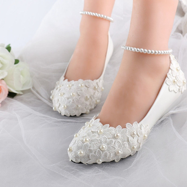 White flat wedding shoes for bride sale