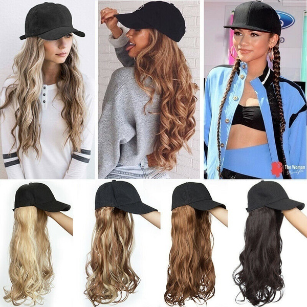 Womens Baseball Hat with Hair Extensions Cap Wig Full Wigs 22inch Long  Curly Wavy Hairstyles for Women | Wish