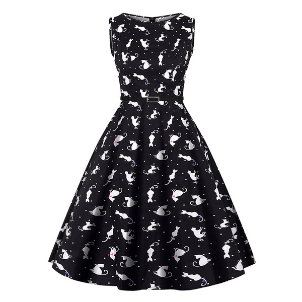 retro cat print dress Honey Flared Cat Print Dress | Vintage Inspired Fashion & Accessories | 40s and 50s Clothing and Rockabilly Collection