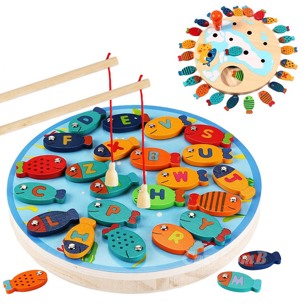 Kids Magnetic Wooden Fishing Game Toy Alphabet Fish Catching Counting Board  Games Toys Gift