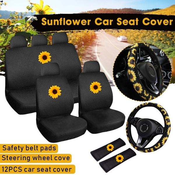 1 2 12pcs Sunflower Universal Full Set Car Cover Fashion Seat With Safety Belt Pads And Steering Wheel Value Pack Wish - Sunflower Car Seat Cover And Steering Wheel