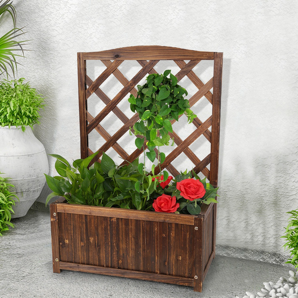 Wood Planter Free Standing Plant Raised Bed with Trellis for Garden or