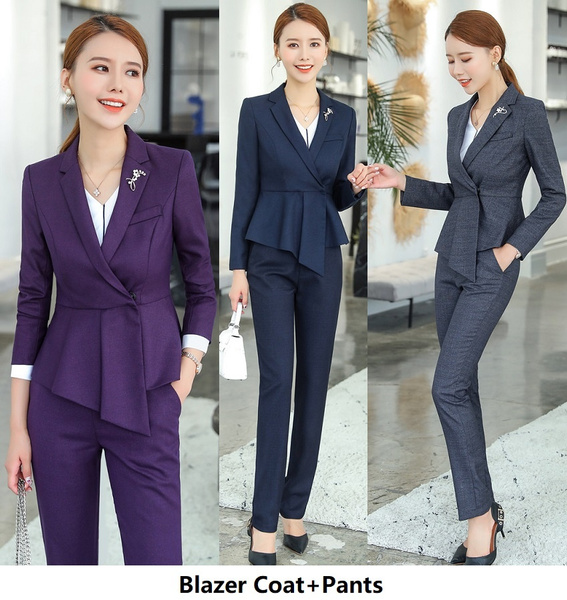 Formal Autumn Winter High Quality Fabric Elegant Purple Grey Blue OL Styles  Professional Women Business Suits with Pants and Jackets Coat for Ladies
