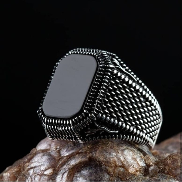 Black Square Onyx Silver Men's Ring