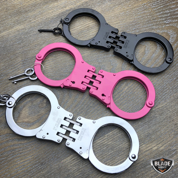 Details about   DOUBLE LOCKING HINGED Steel POLICE Handcuffs Keys NEW WORLDWIDE FREE SHIPPING 
