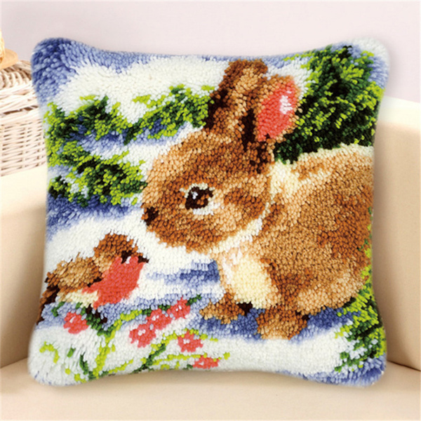 40x40cm Hook Pillow Embroidery Kit DIY Needlework Sets Unfinished  Crocheting Yarn Latch Hook Rug Kit Picture Carpet Set Cartoon Animals