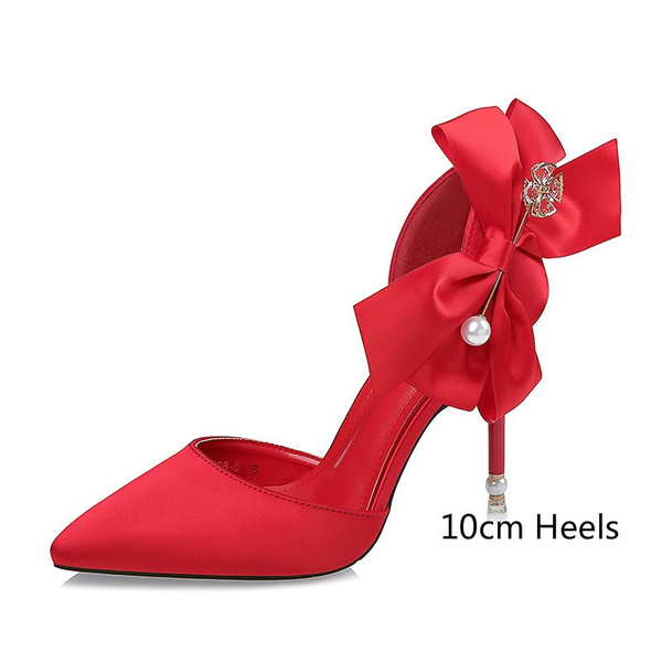 Women's Red Strappy High Heels Fashion Bow Ankle