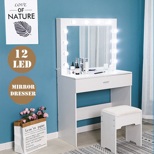 Lighted Mirror Makeup Dressing Table, Dresser Nightstand Vanity Set