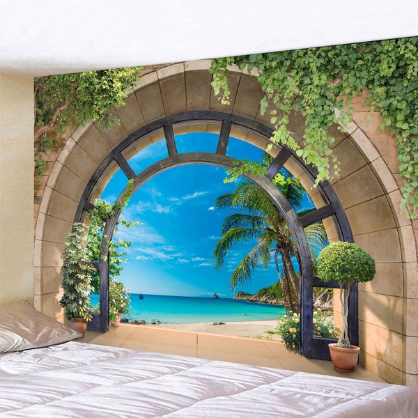 Beach Landscape Outside The Window Tapestry Nature Scenic Wall Hanging Art Decor 